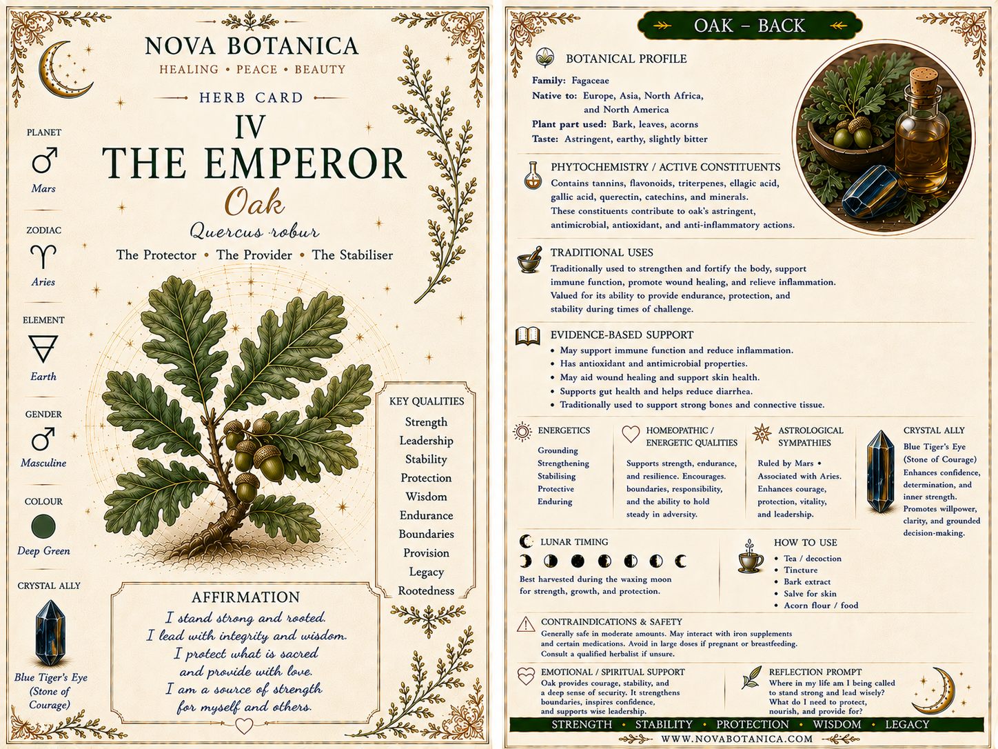 The Emperor Oak front and back Nova Botanica card reading