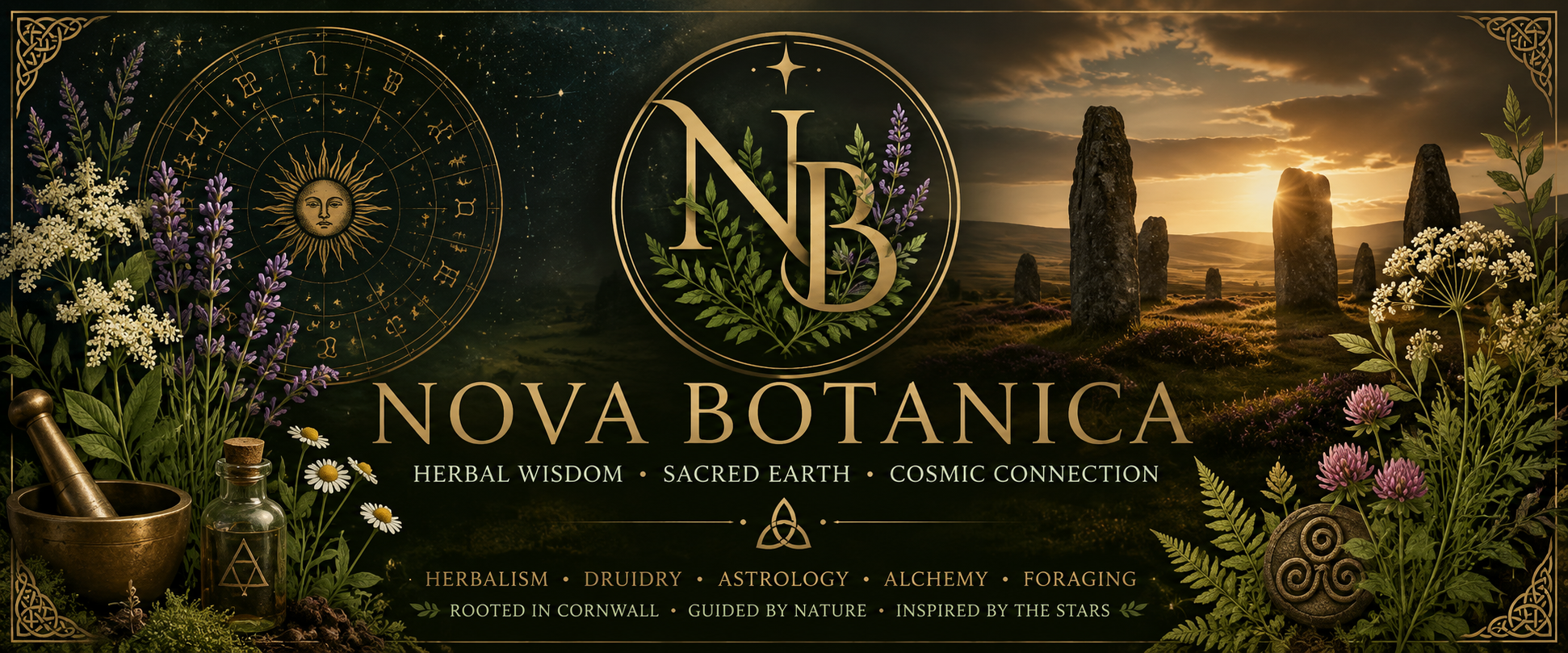 Nova Botanica banner with herbal medicine, astrology, alchemy, druidry, standing stones and sacred earth symbolism